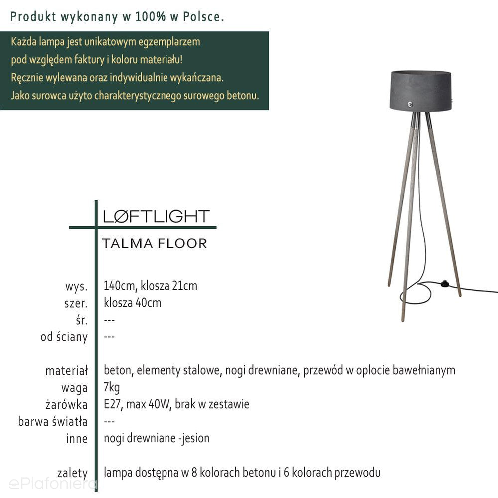 Betonowa lampa podłogowa - stojąca do salonu sypialni, nowoczesna industrialna (1xE27) (Talma) Loftlight