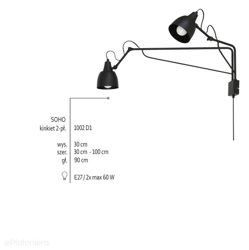 Regulowana lampa ścienna - czarny kinkiet dwa ramiona (2xE27) Aldex (soho) 1002D1 - ePlafoniera