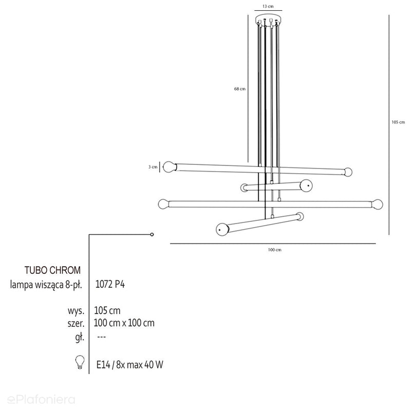 Żyrandol do salonu, biura - chromowa lampa wisząca rurki (8xE14) Aldex (tubo) 1072P4