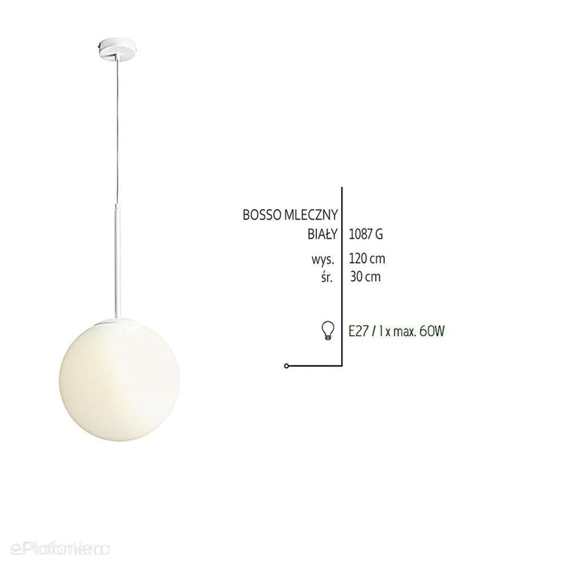 Lampa wisząca pojedyncza, zawiesie białe (30cm) jedna mleczna kula 1xE27, Aldex (Bosso) 1087G
