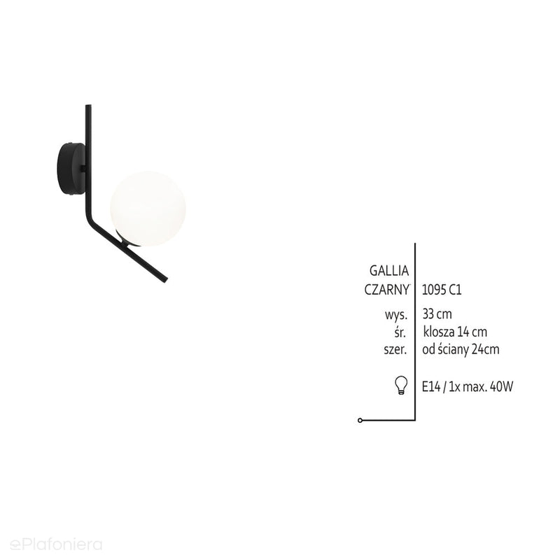 Lampa ścienna, czarny kinkiet, jedna mleczna kula 14cm (E14) Aldex (Gallia) 1095C1