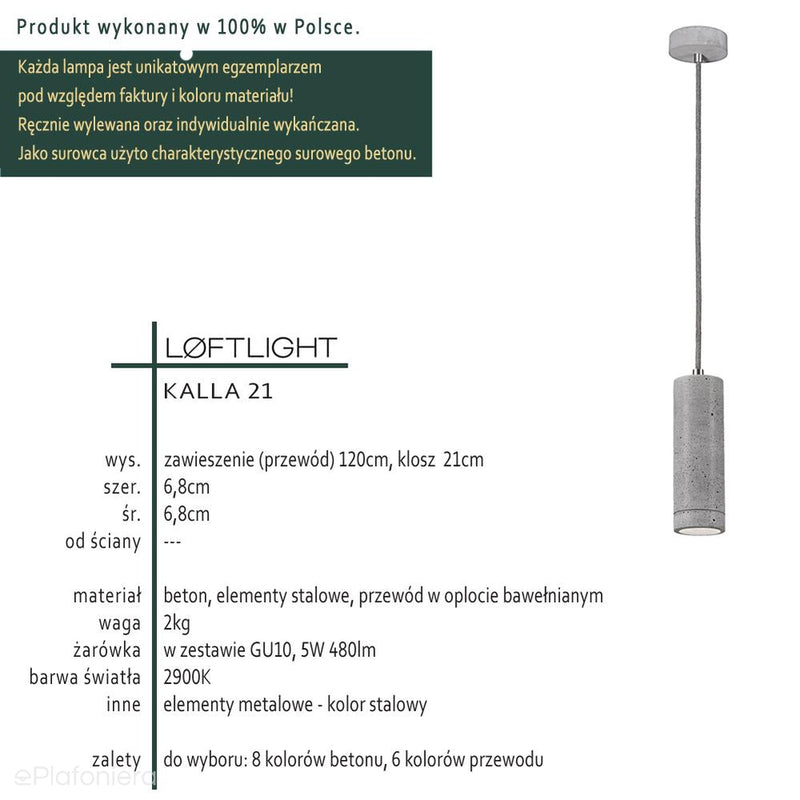 Betonowa lampa wisząca (21cm) - nowoczesna industrialna, do salonu sypialni kuchni (GU10, 5W) (Kalla 21) Loftlight