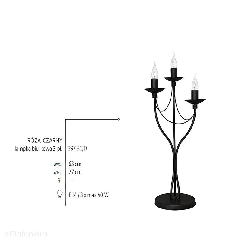 Czarna lampa stojąca - świecznik, biurkowa 3xE14, Aldex (Róża) 397B1/D - ePlafoniera