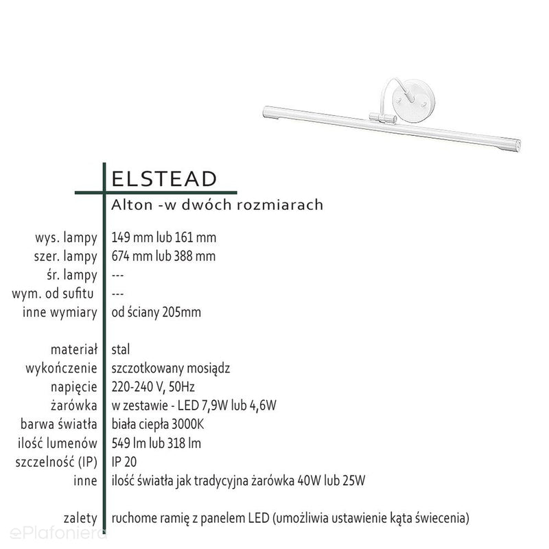Kinkiet mosiężny nad obraz / lustro LED, Alton - Elstead (mosiądz 67/39cm)