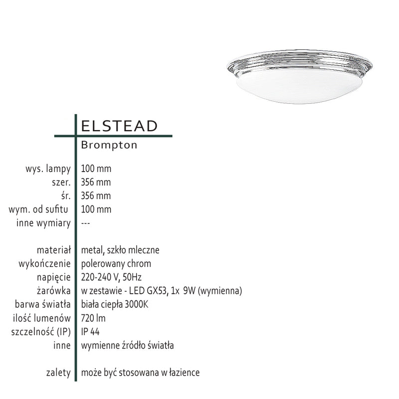 Lampa sufitowa chrom do łazienki kuchni jadalni, LED GX53 Elstead (Brompton)