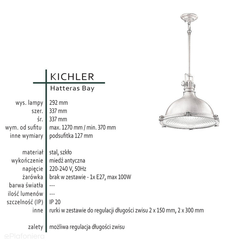 Industrialna, metalowa lampa wisząca 34cm (miedź) do kuchni, salonu kawiarni (1xE27) Kichler (Hatteras)