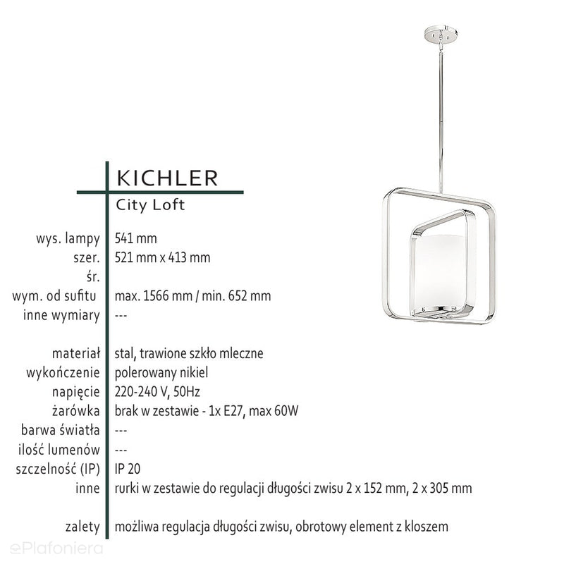 Nikiel, szkło 41x52cm, nowoczesna lampa wisząca do salonu sypialni kuchni (1xE27) Kichler (City Loft)
