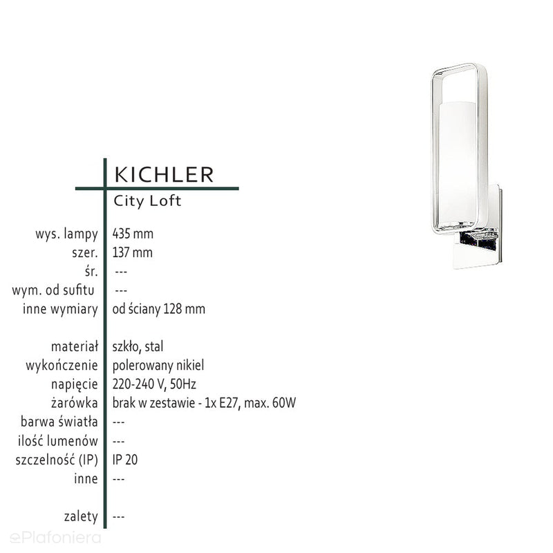 Nikiel, szkło 43x14cm, nowoczesna lampa ścienna, kinkiet do salonu sypialni kuchni (1xE27) Kichler (City Loft)