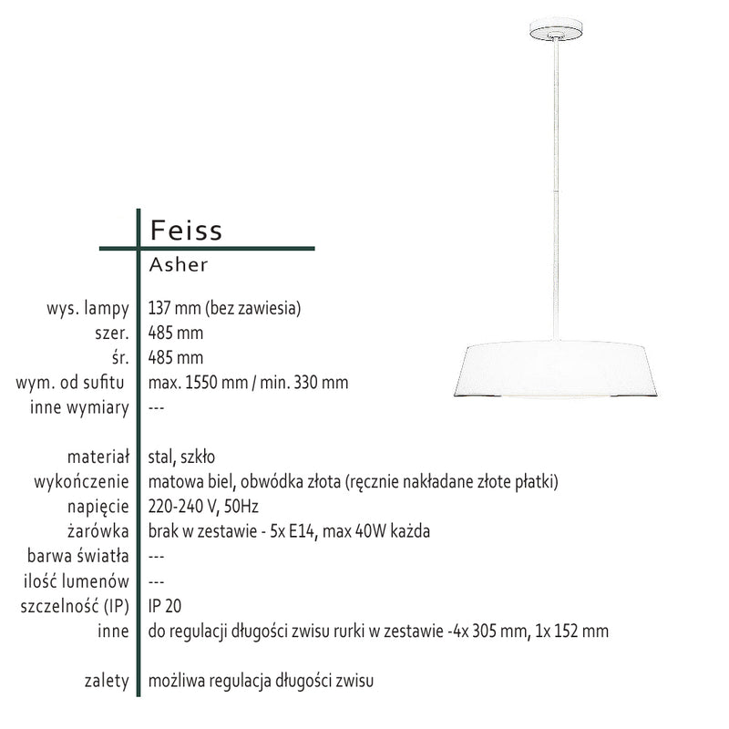 Modna lampa wisząca do kuchni, jadalni, salonu, biała metalowa 5xE14, Feiss (Asher)