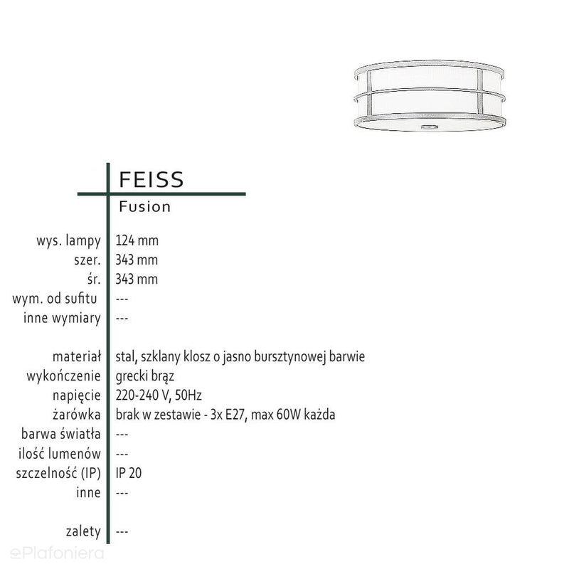 Lampa w stylu retro sufitowa -plafon 34x12cm do salonu kuchni sypialni (3xE27) Feiss (Fusion)