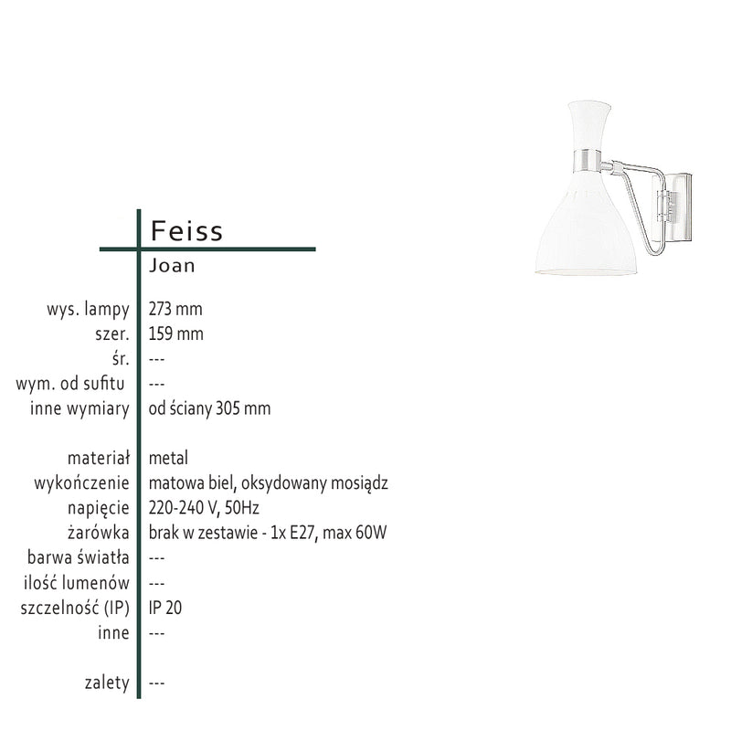 Biała metalowa lampa ścienna, kinkiet do salonu sypialni, 1xE27 Feiss (Joan)