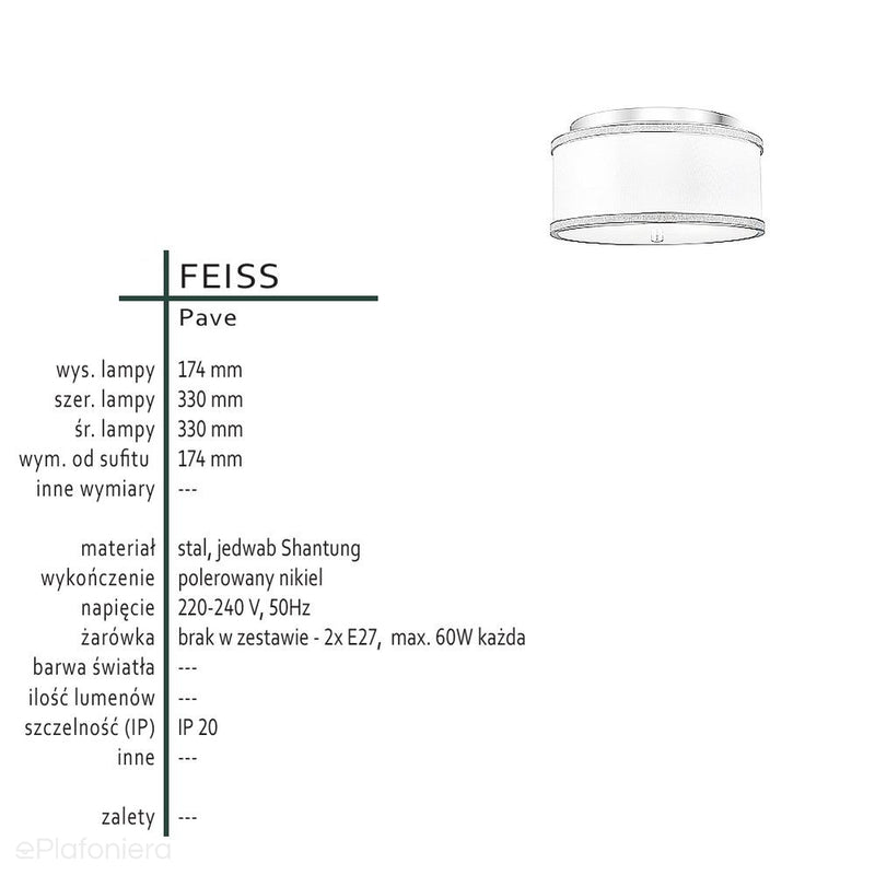 Lampa sufitowa 33cm - abażur (nikiel, jedwab) do salonu sypialni kuchni (1xE27) Feiss (Pave)