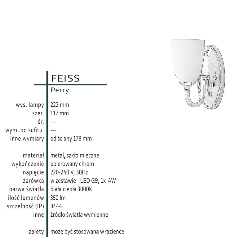 Klasyczna lampa ścienna, kinkiet do łazienki kuchni, 1x LED G9 Feiss (Perry)