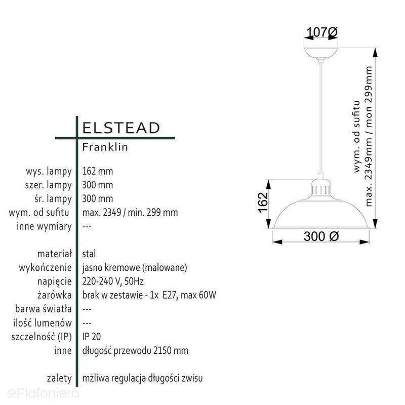 Metalowa lampa vintage, loftowa 30cm - kremowa wisząca do kuchni, jadalni (1xE27) Elstead (Franklin)