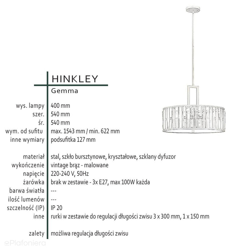 Lampa wisząca Gemma w stylu pałacowym - Hinkley (vintage brąz, bursztyn, kryształy / 54 cm / 3xE27)