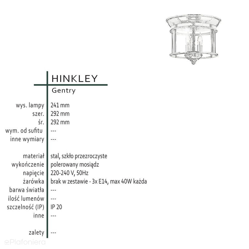 Mosiężna sufitowa latarnia Gentry / plafon do salonu / kuchni / sypialni / łazienki - Hinkley, 29 cm