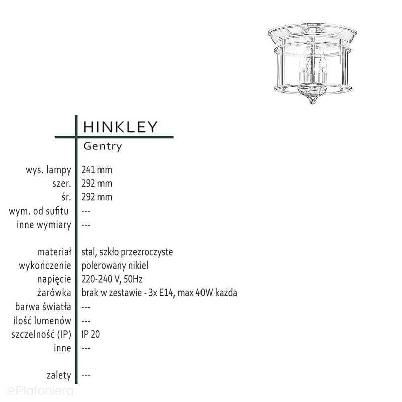 Sufitowa latarnia 29cm (nikiel) lampa - plafon do salonu kuchni sypialni łazienki (3xE14) Hinkley (Gentry)