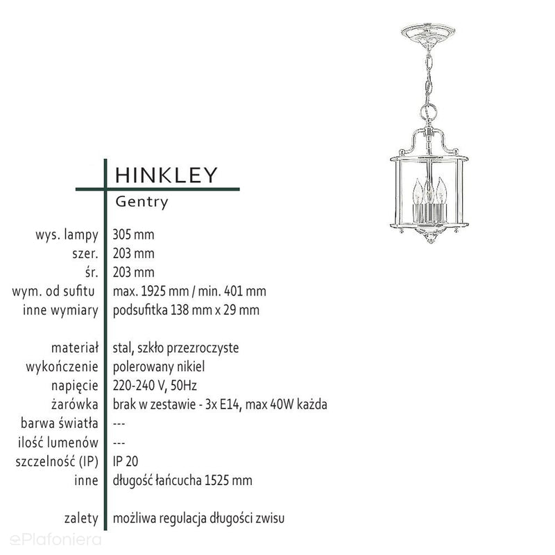 Wisząca latarnia 20cm (nikiel) lampa do salonu kuchni sypialni łazienki (3xE14) Hinkley (Gentry)