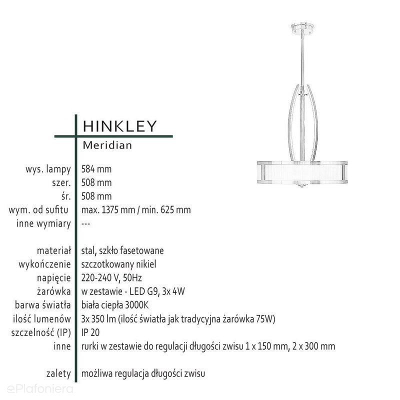 Lampa wisząca, żyrandol Meridian - Hinkley (50cm, nikiel) do kuchni, salonu, sypialni (G9 3x4W)