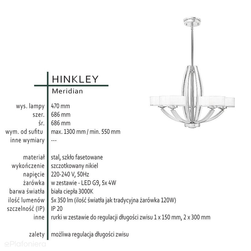 Lampa wisząca, żyrandol (69cm, nikiel) do kuchni salonu sypialni (G9 5x4W) Hinkley (Meridian)