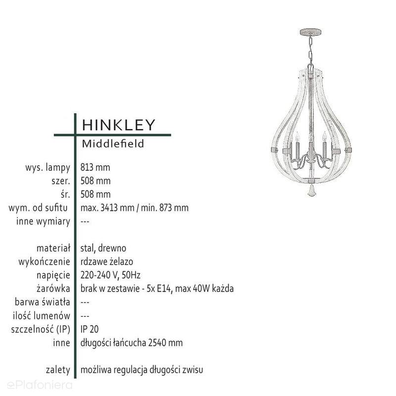Drewniana lampa wisząca 50cm (rdzawe żelazo) do salonu kuchni sypialni (5xE14) Hinkley (Middlefield)
