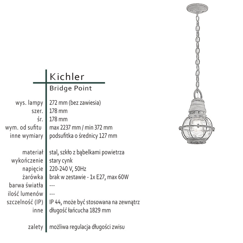 Zewnętrzna latarnia Bridge Point - Kichler, lampa loftowa wisząca z łańcuchem, 1xE27
