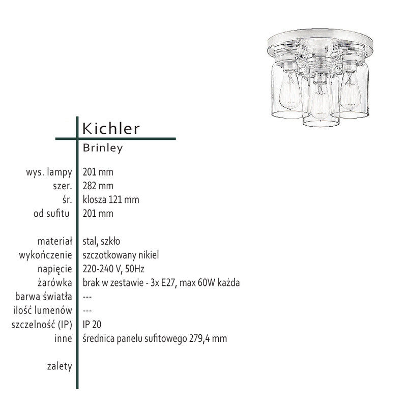 Lampa sufitowa szklany klosz (nikiel) plafon do kuchni salonu 1xE27, Kichler (Brinley)