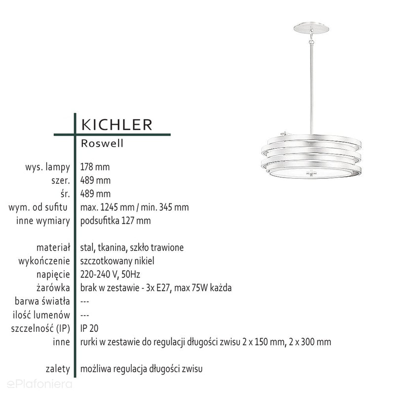 Metalowa lampa 49cm, wisząca - nikiel, do salonu sypialni (3xE27) Kichler (Roswell)