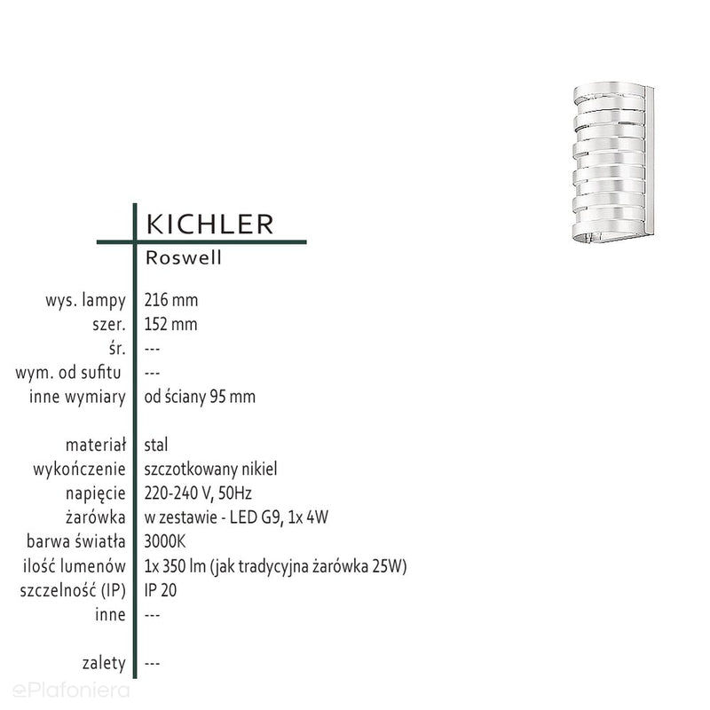 Metalowa lampa, ścienna - nikiel, kinkiet do salonu sypialni (G9 1x4W) Kichler (Roswell)