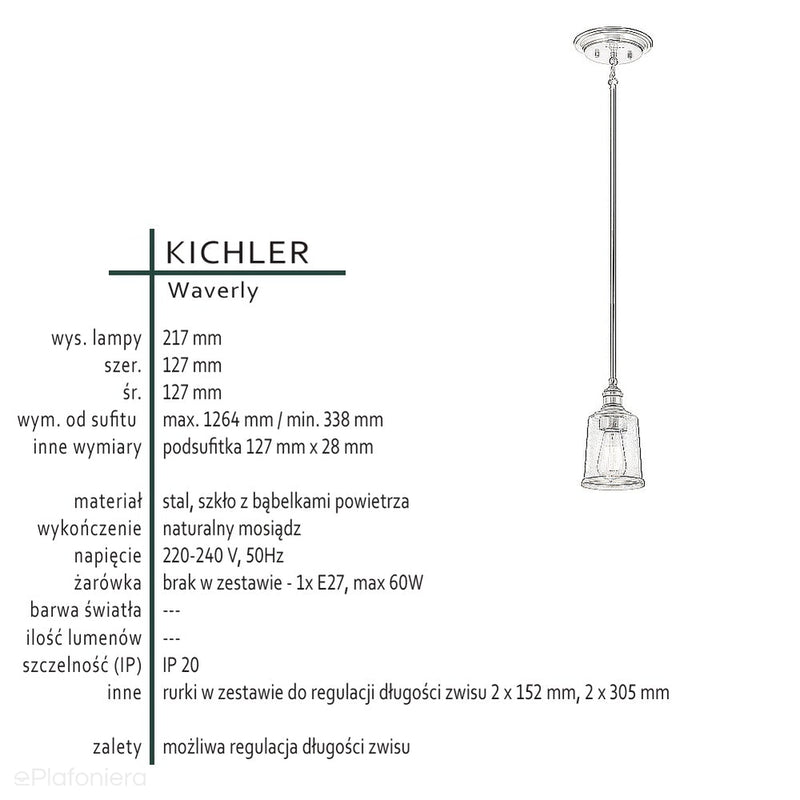 Mosiężna lampa wisząca pojedyncza Waverly - Kichler / 13cm / 1xE27