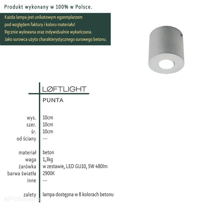 Plafon betonowy Punta, spot, lampa sufitowa - Loftlight (GU10, 5W)