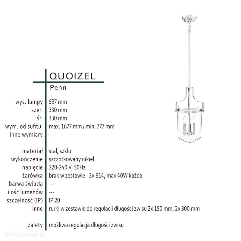 Szklana lampa wisząca Penn (szczotkowany nikiel) do jadalni / kuchni - Quoizel, 33cm (świecznik 3xE14)