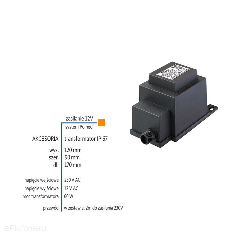 Transformator 60W, 12V AC (IP 67) - AKCESORIA systemu 12V LED Polned (6210011)