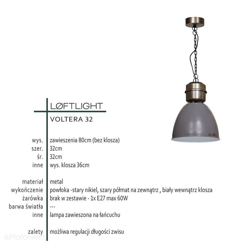 Szara loftowa lampa wisząca Voltera 32cm Nickiel LoftLight