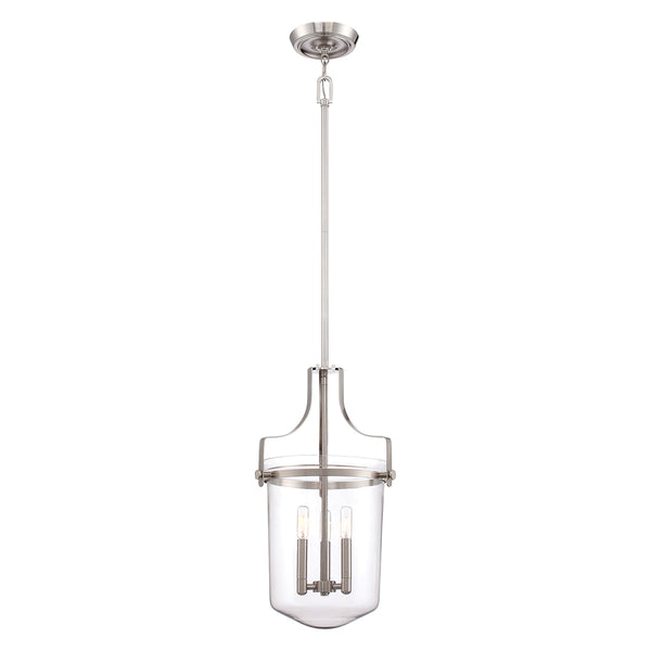 Szklana lampa wisząca Penn (szczotkowany nikiel) do jadalni / kuchni - Quoizel, 33cm (świecznik 3xE14)