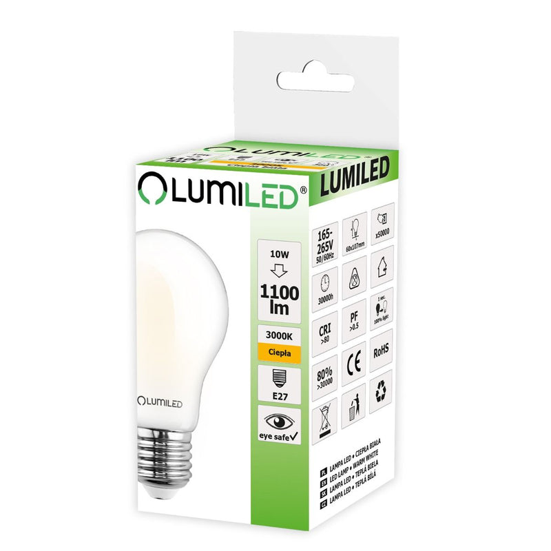 Żarówka LED E27 mleczna, filament (A60, 10W = 75W) (1100lm, barwa ciepła 3000K) Lumiled
