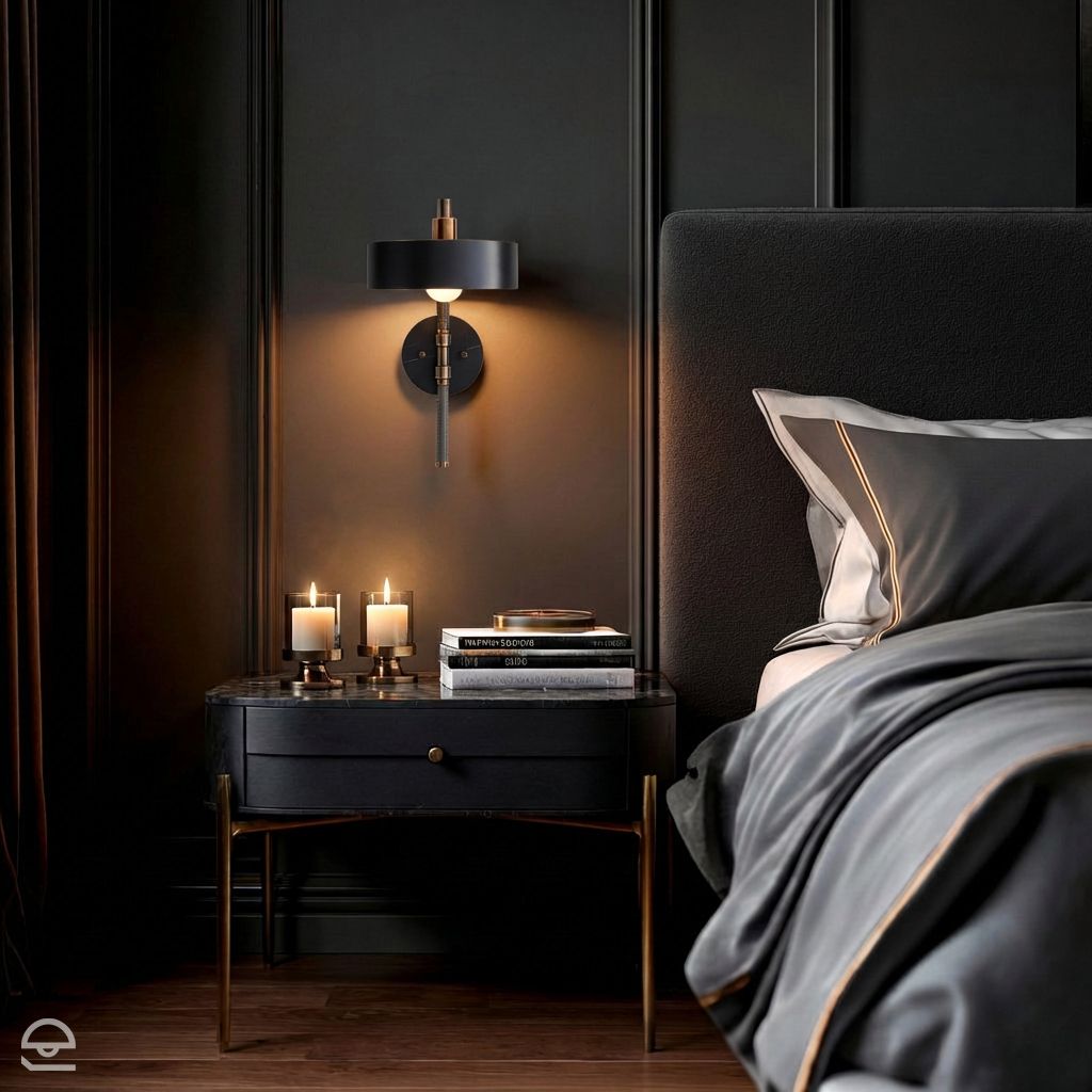 Aaron – kinkiet z czarnym marmurem i skórzanym oplotem, czarny mat