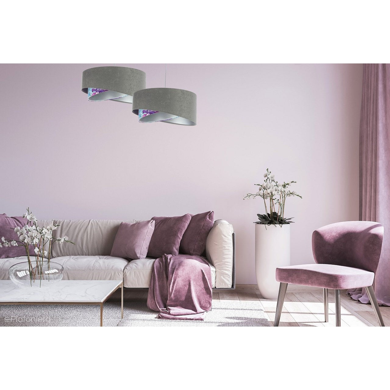 Abażur Ankora - szara lampa wisząca welurowa do salonu, sypialni (asymetria 1xE27) ręcznie robiona - ePlafoniera