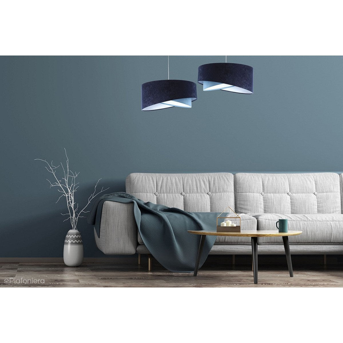 Abażur Lea - granatowa lampa wisząca welurowa, do salonu, sypialni (asymetria 1xE27) ręcznie wykonana - ePlafoniera