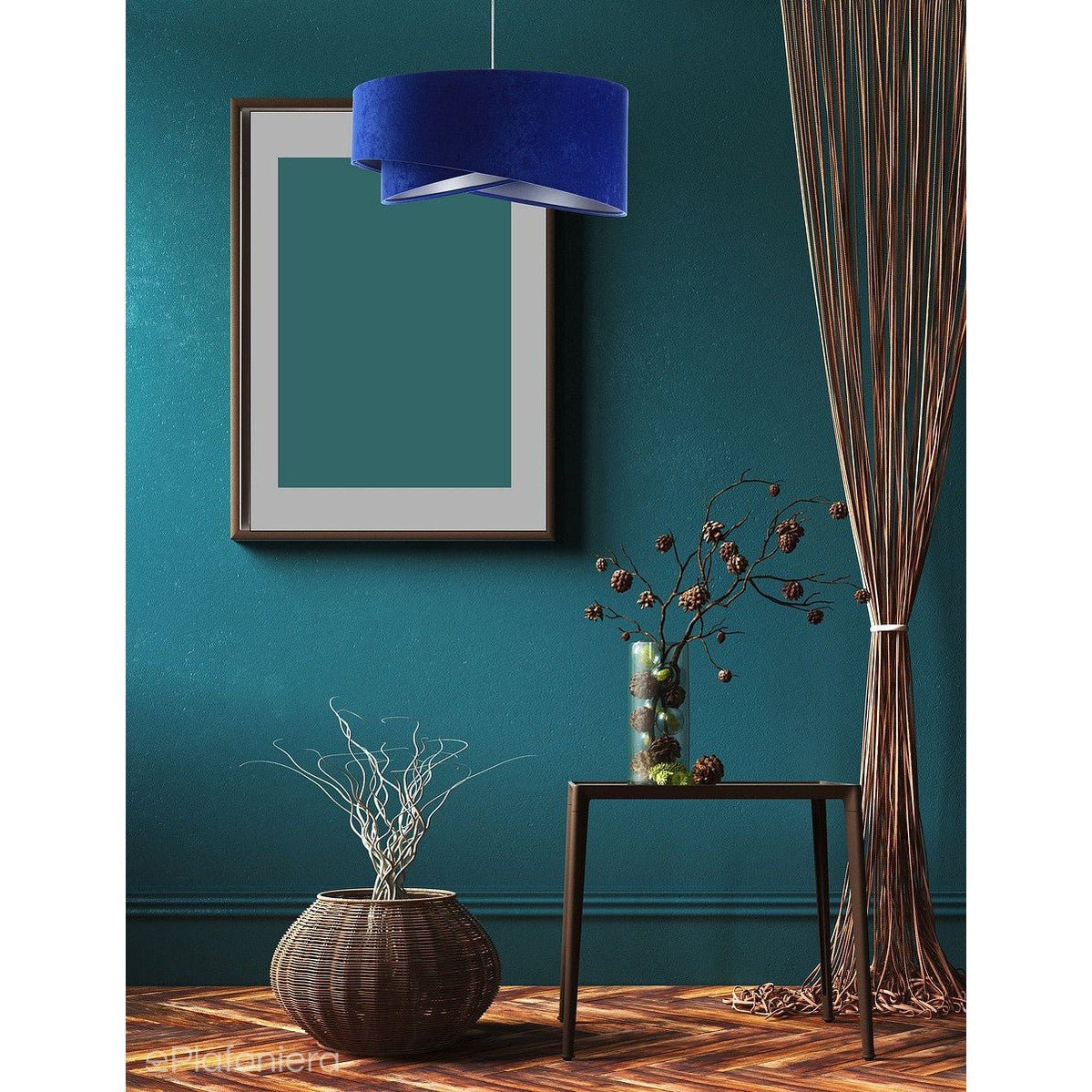 Abażur Rinea - niebieska lampa wisząca welurowa, do salonu, sypialni (asymetria 1xE27) ręcznie robiona - ePlafoniera