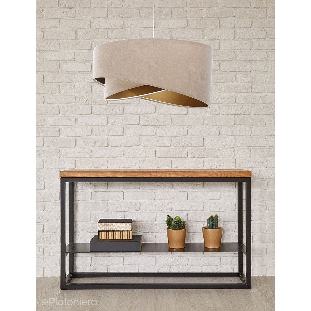 Abażur Tia - beżowa lampa wisząca welurowa, do salonu, sypialni (asymetria 1xE27) ręcznie robiona - ePlafoniera