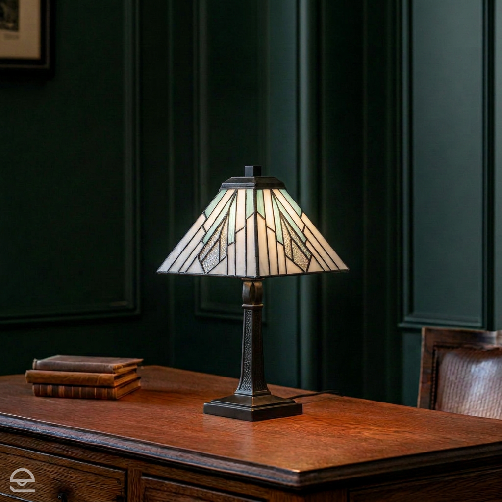 Alderley Medium – witrażowa lampa stołowa z geometrycznym kloszem, vintage brąz Ø21