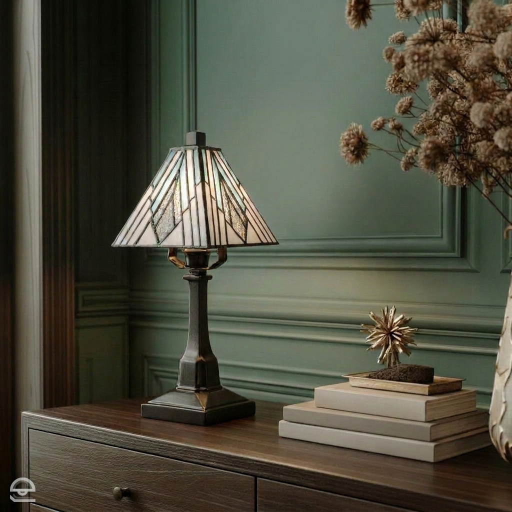 Alderley Mini – witrażowa lampa stołowa ze szkła artystycznego, vintage brąz Ø14