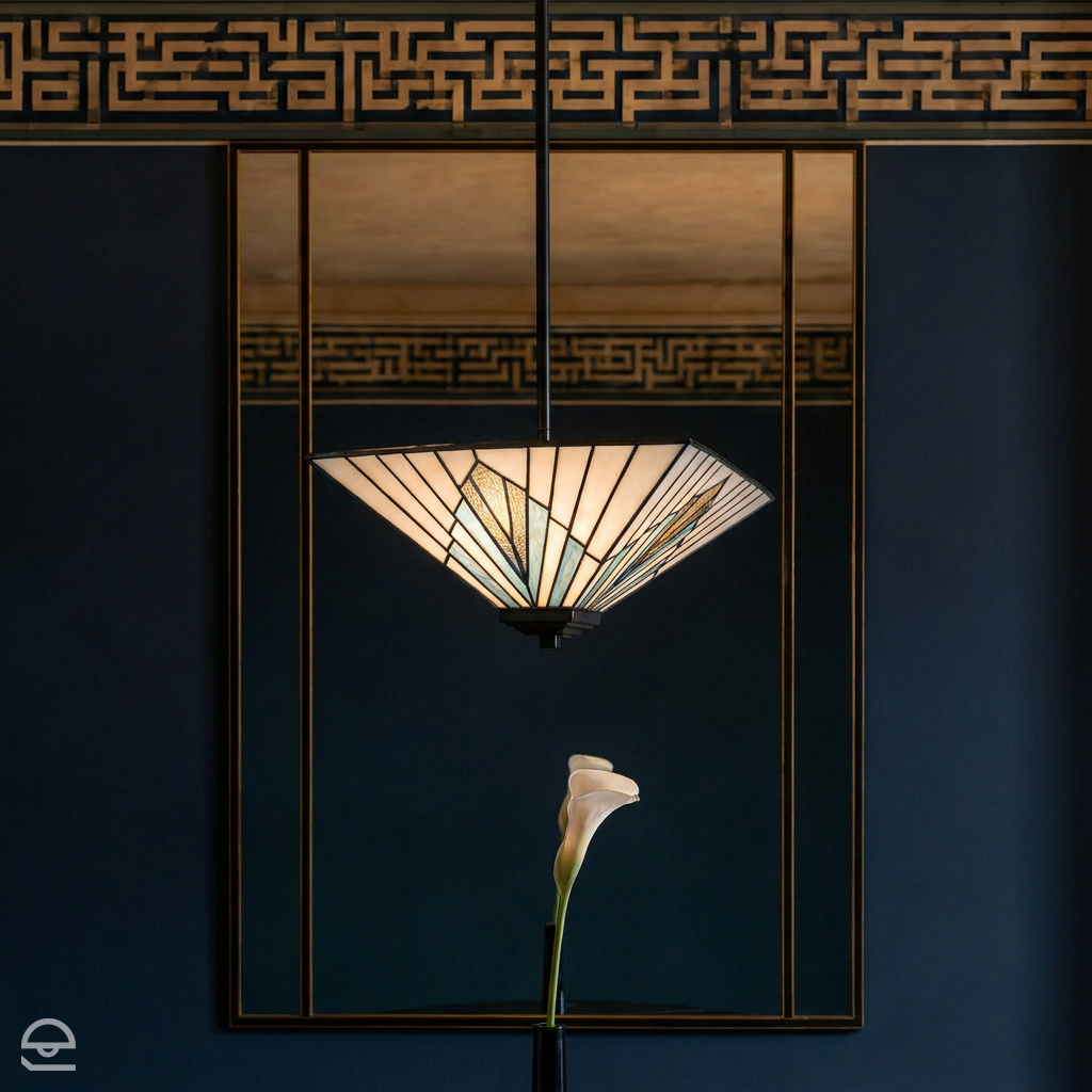 Alderley Up – witrażowa lampa wisząca na trzonie, vintage brąz