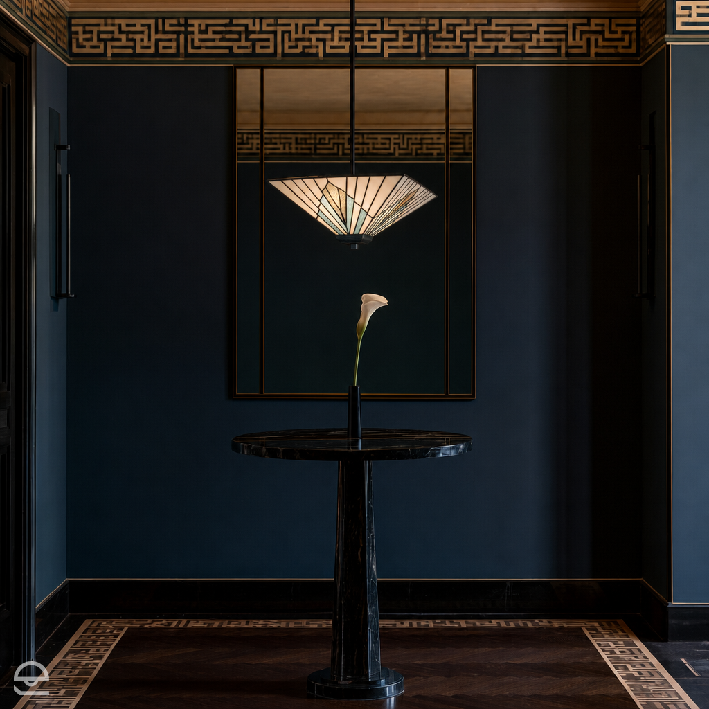 Alderley Up – witrażowa lampa wisząca na trzonie, vintage brąz