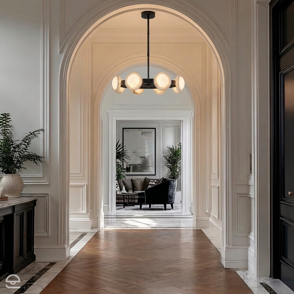 Alonso – żyrandol pierścieniowy z naturalnym alabastrem, miejski brąz