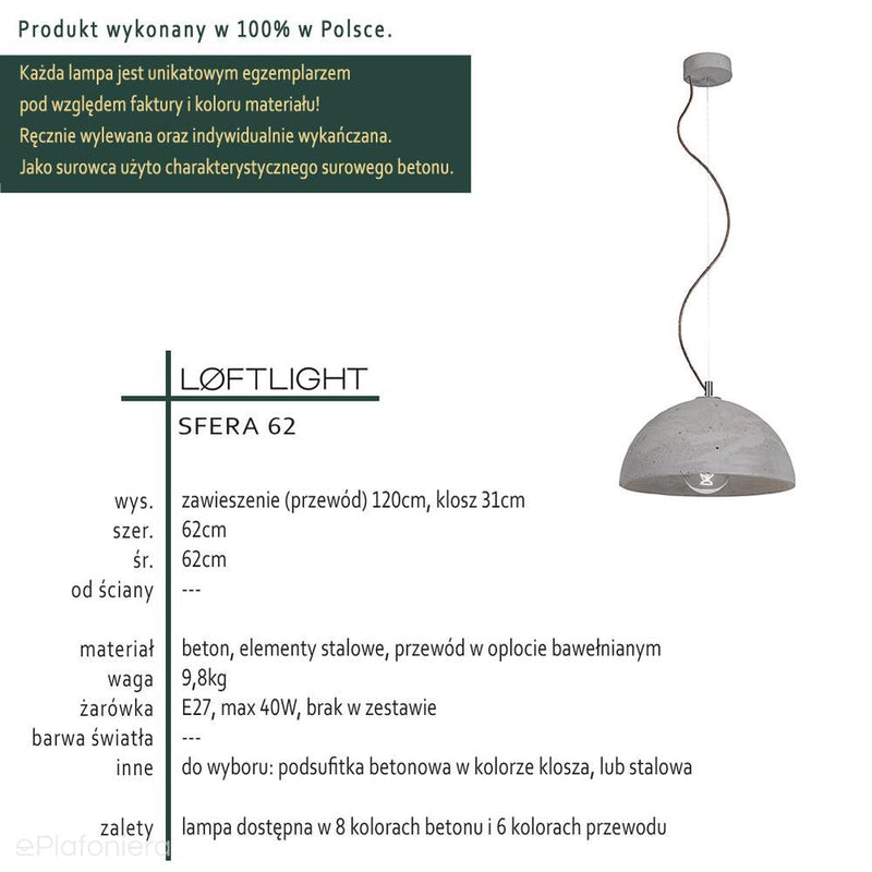 Betonowa lampa - do salonu kuchni, wisząca nowoczesna industrialna (1xE27) (Sfera 62) Loftlight