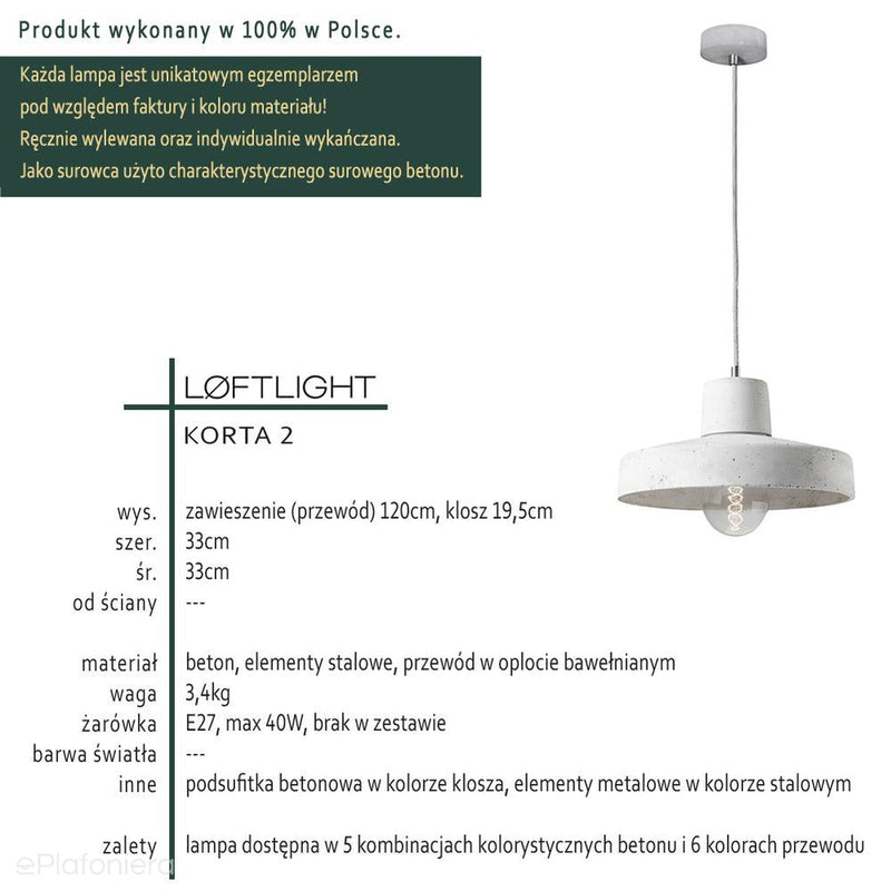 Betonowa lampa dwukolorowa - wisząca nowoczesna industrialna, do salonu kuchni (1xE27) (Korta 2) Loftlight