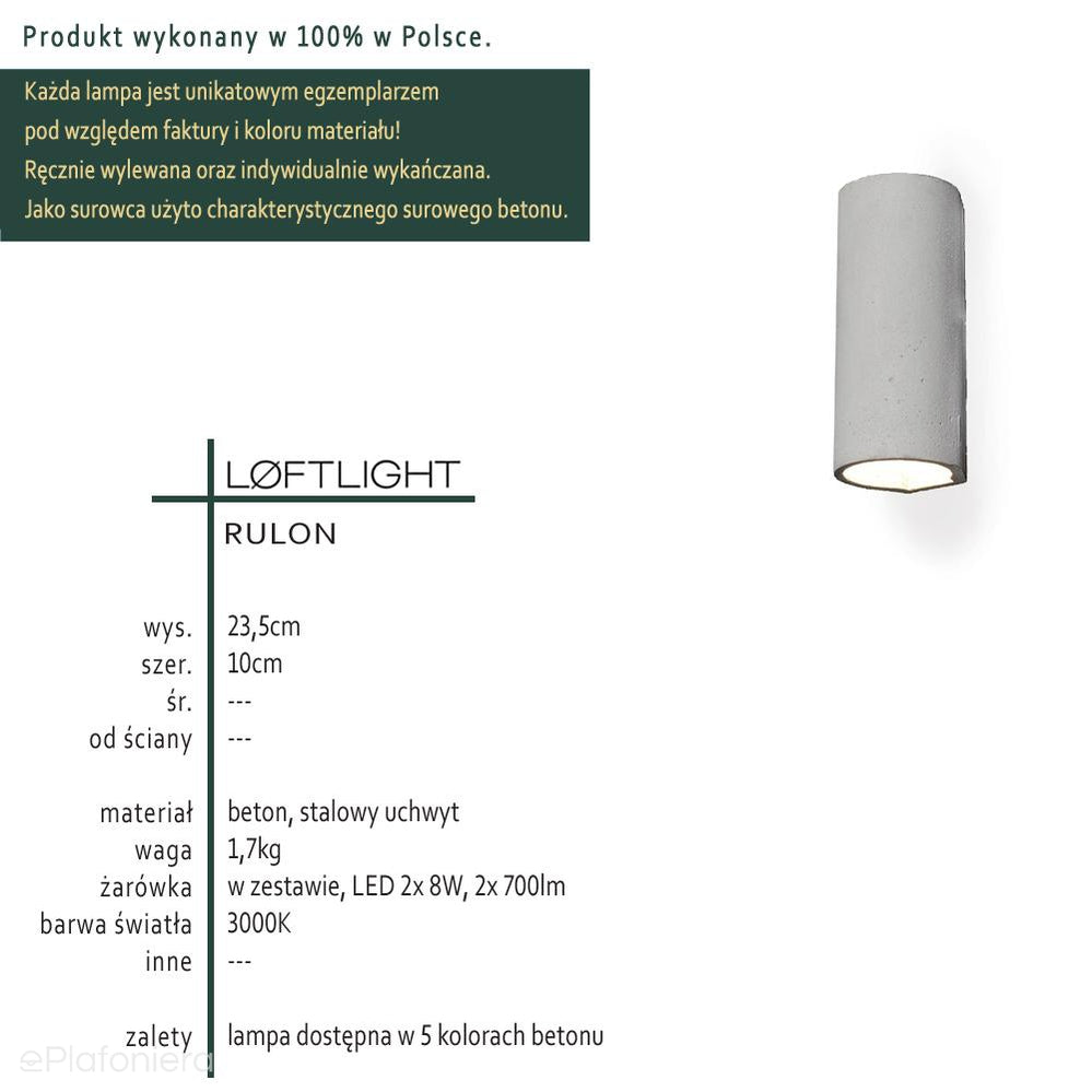 Betonowa lampa ścienna - nowoczesny kinkiet, do salonu sypialni kuchni (LED 2x8W) (Rulon) Loftlight