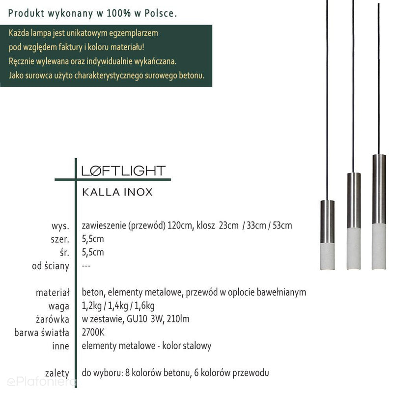 Betonowa nowoczesna lampa - wisząca stalowa tuba (23/33/53cm), do salonu sypialni (Kalla Inox) Loftlight